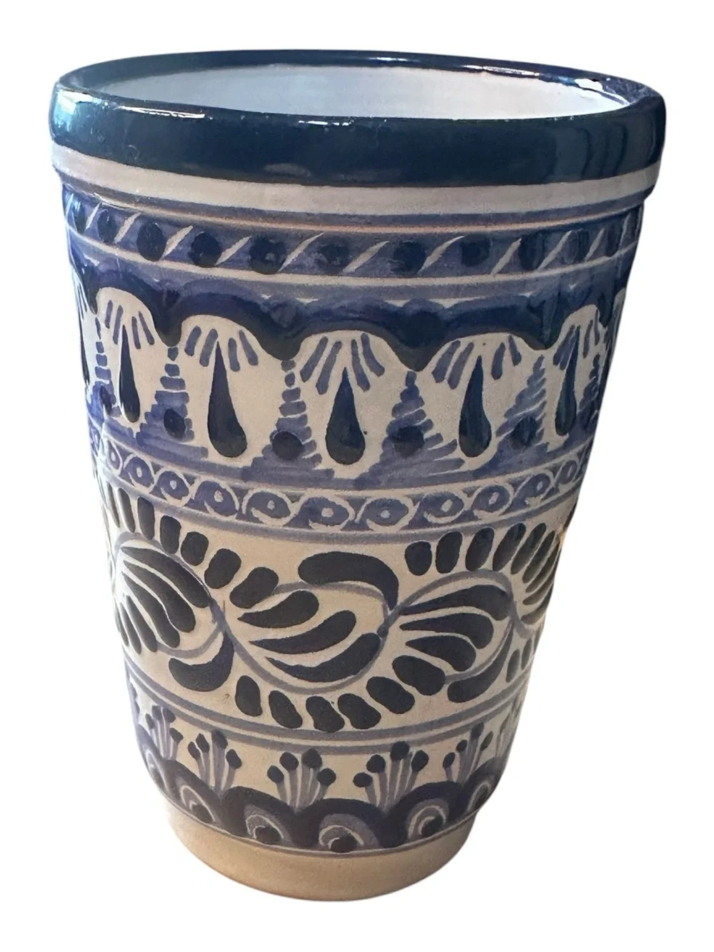 Mexican Pottery Cup Vase Hernandez Puebla Mexico Blue White Hand Painted 5.5”
